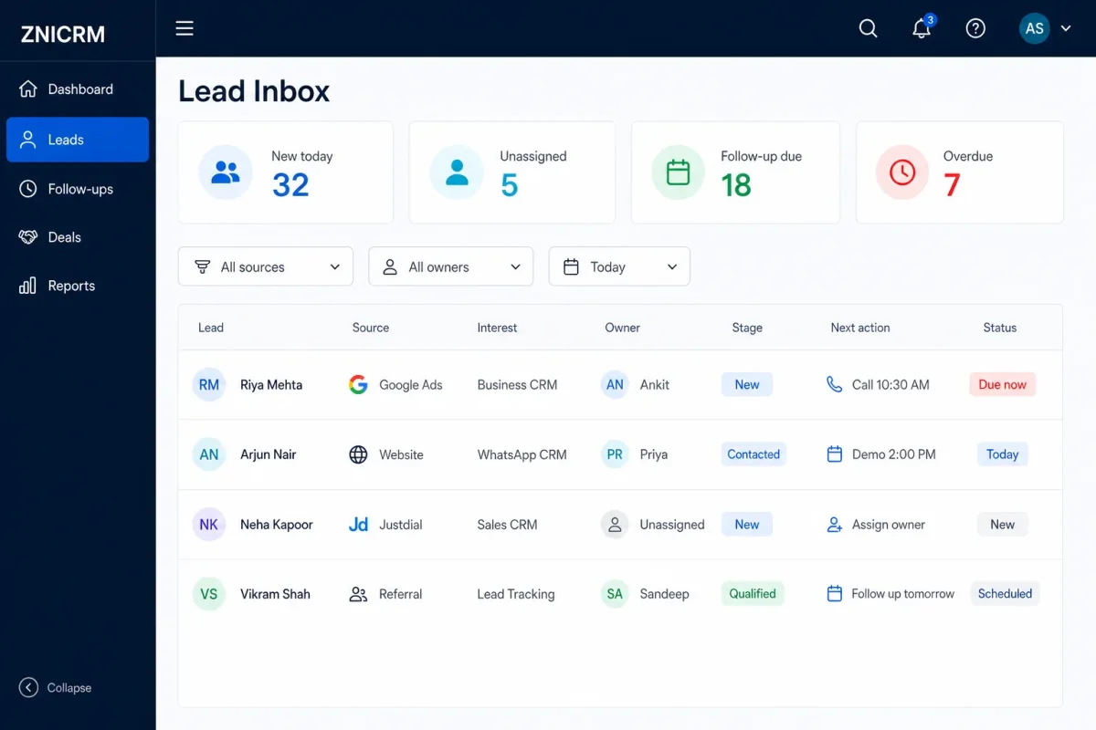 ZNICRM lead inbox showing source, owner, stage and next action