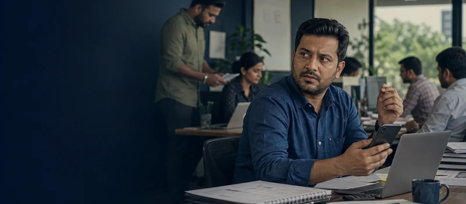 Indian business owner checking team activity in a busy office