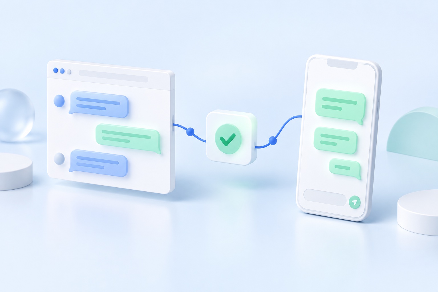 Custom illustration connecting a website chat, qualified lead and mobile conversation
