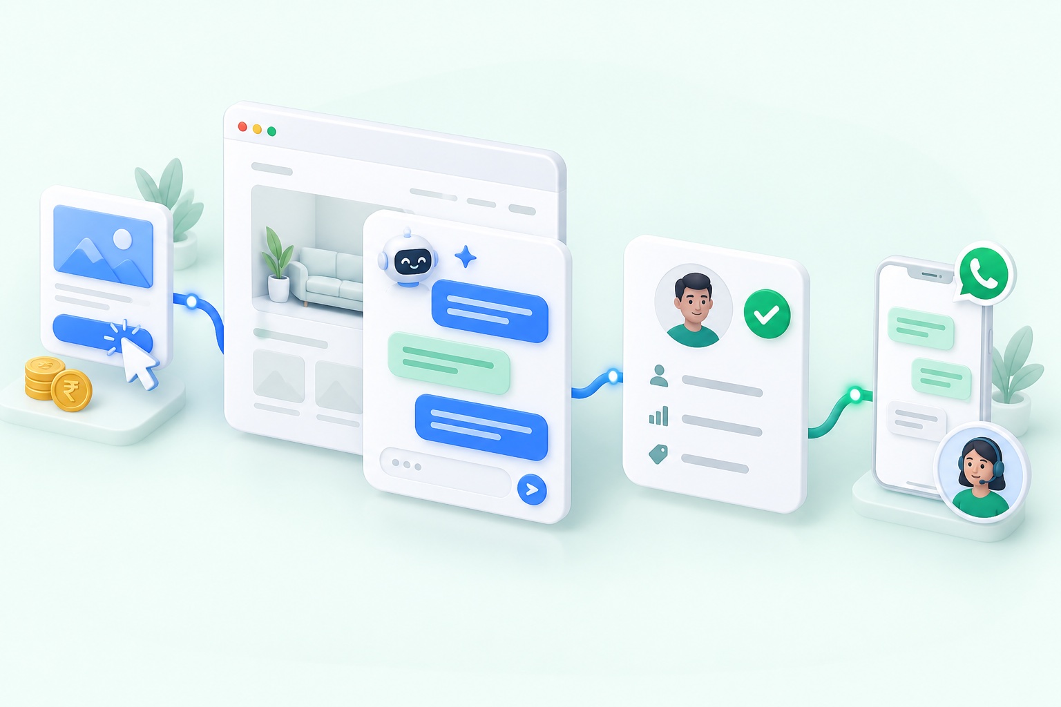 A paid ad click starts an AI website conversation. The visitor’s requirement becomes a qualified CRM lead, connected to WhatsApp and the sales team for follow-up.