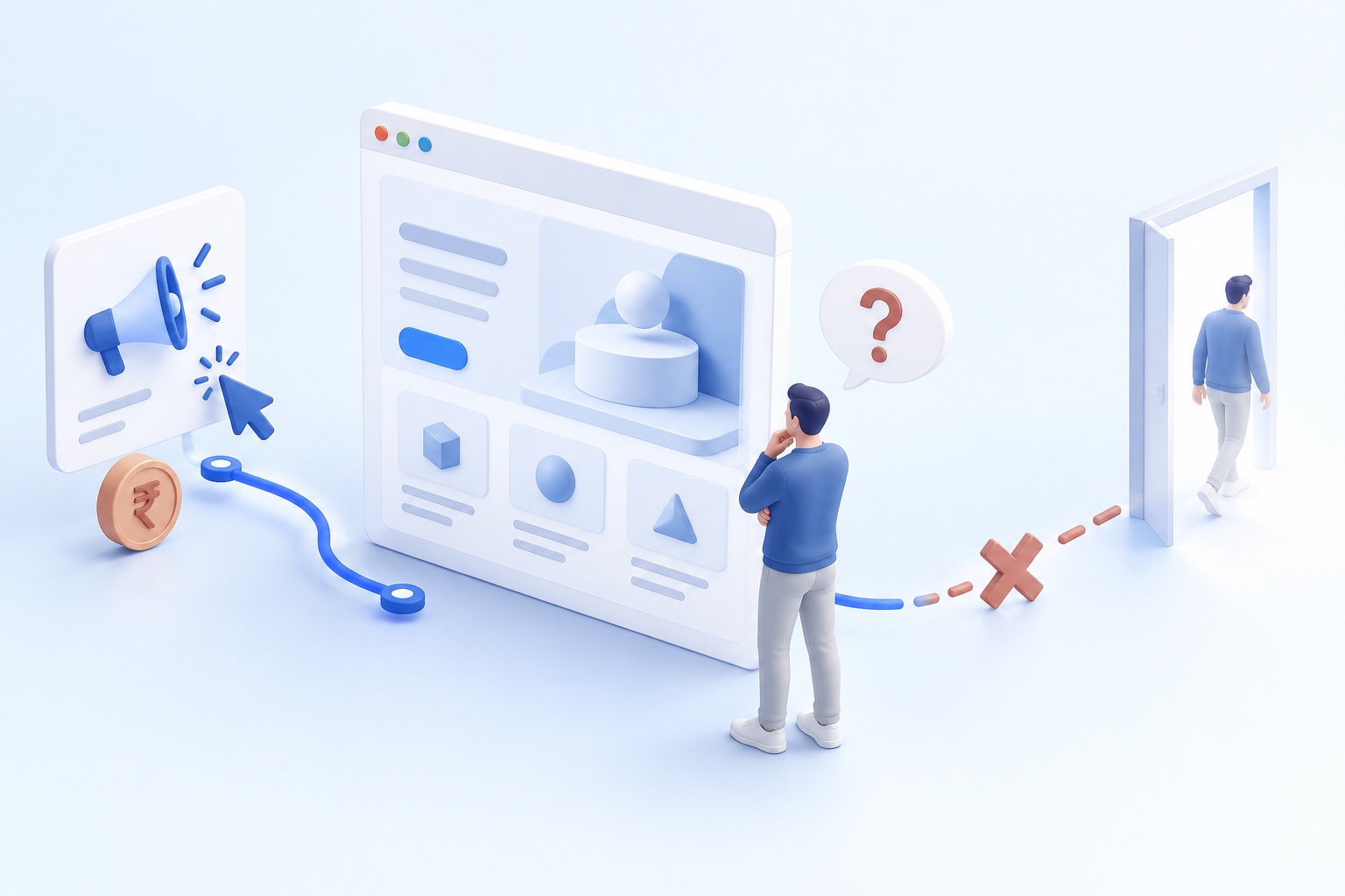 A paid ad click brings a visitor to a website. Their question goes unanswered, the connection breaks, and they walk away.